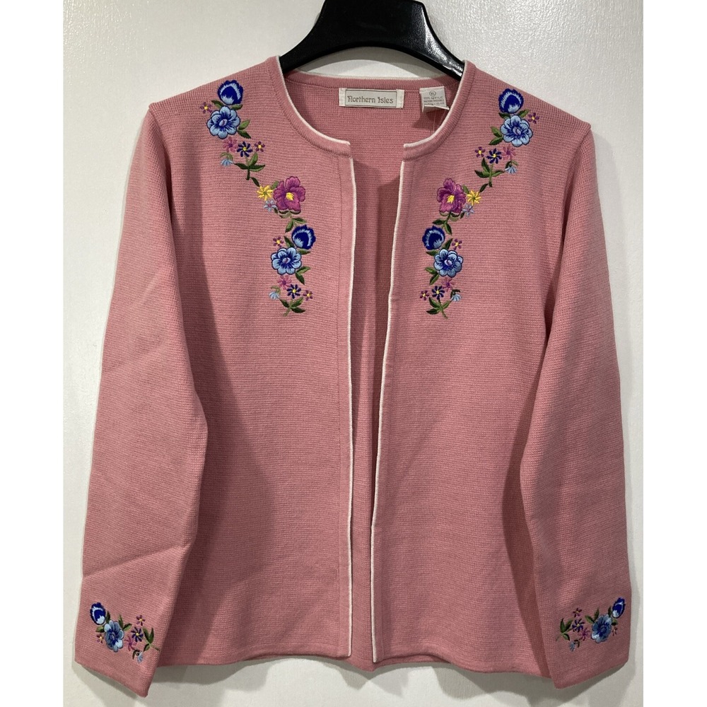 VTG Northern‎ Isles Acrylic Pink Cardigan Embroidered w/Flowers NWT XL